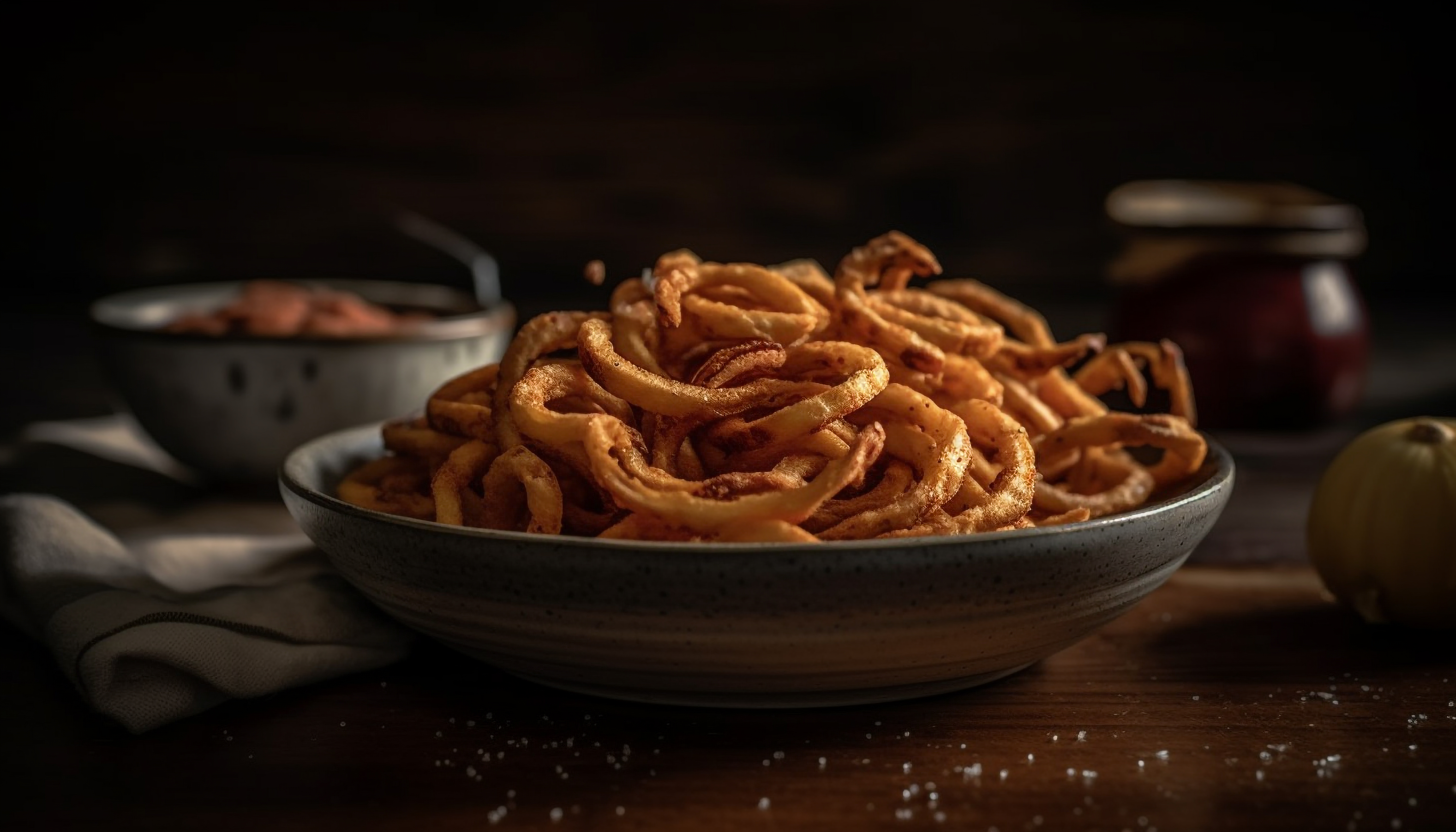 A bowl of crispy curly fries, showcasing their golden crunch and inviting spiral shape, perfect for enjoying fresh or as a frozen snack.